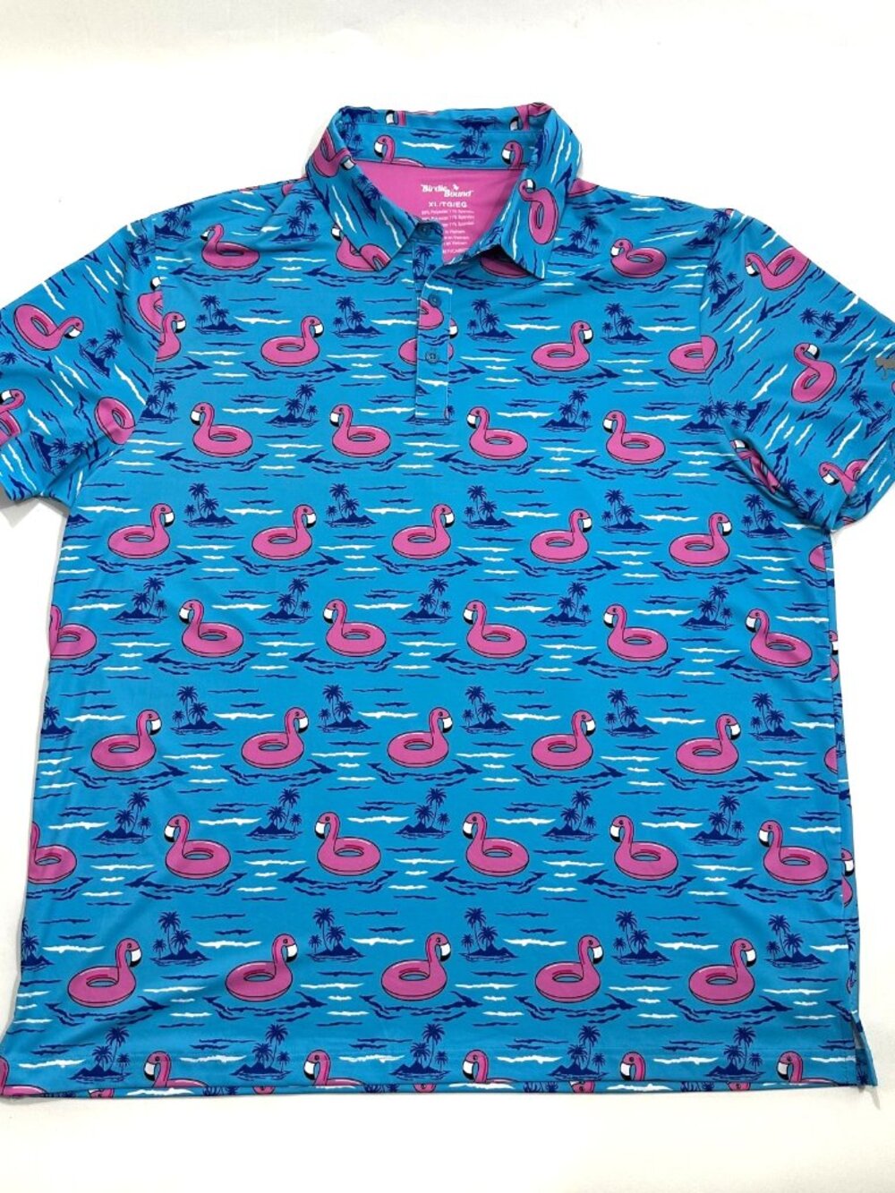 Birdie Bound Flamingo Golf Polo Shirt Mens XL Blue Pink Tropical Performance